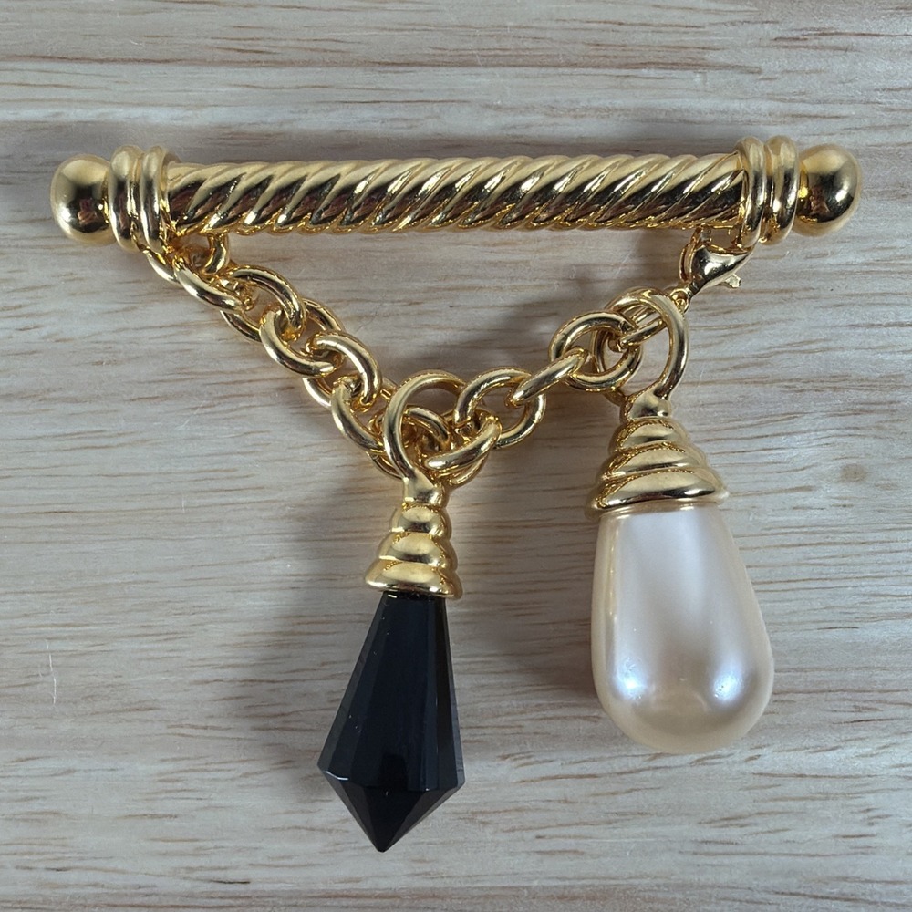 Vintage Ivana Trump Black Dangle Gold Tone Bar Brooch Pin 90s Statement Luxe